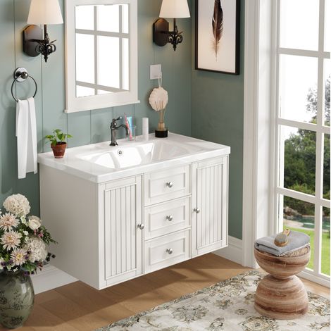 Mobile bagno con lavabo, 78,5 x 46 x 46,8 cm, bianco, 3 cassetti, sospeso DESVIAE (1/5)