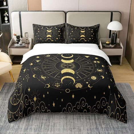 Soleil et Lune Parure de lit Bohemian Mandala Housse de Couette 140x200cm 100% Coton Enfants Constellation Zodiac Housse de Couette Golden Noir Galaxie Étoiles Nebula Décor de Chambre - 140 x 200 cm + (1/5)