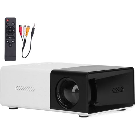 Mini projecteur portable noir 1080p avec haut-parleurs intégrés et technologie de réflexion diffuse. Alimentation 100-240 V (prise européenne).