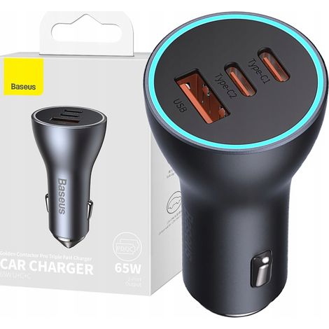 Baseus Golden Contactor Pro Autoladegerät, 2x USB-C, 1x USB, 65W (Grau)