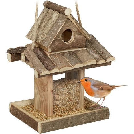 Relaxdays Mangeoire à oiseaux, abri en bois, cabane à suspendre, nichoir, jardin, HxLxP 25 x 17,5 x 16 cm, nature (1/5)