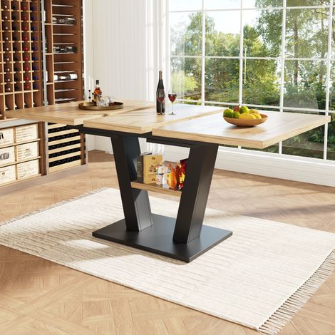 Mesa de comedor extensible 118-157x70x75 cm negro y natural en MDF y metal con patas estables (1/5)