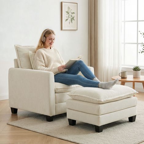 Fauteuil salon avec repose-pied, canapé 1 place en chenille, assise large, rembourrage double couche, 85x128x86cm, crème
