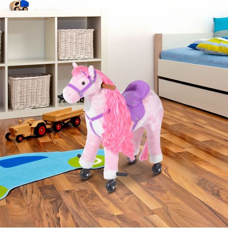 Cheval à bascule pour enfants de 2 ans et plus avec 4 roues, sons réalistes et repose-pieds, 65x28x75 cm, Rose (1/4)