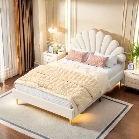 Lit double 140x200,Lit adulte capitonné avec tête de lit en forme de pétale, Lit double capitonné avec sommier à latte,style moderne cadre de lit,velours - Beige (1/5)