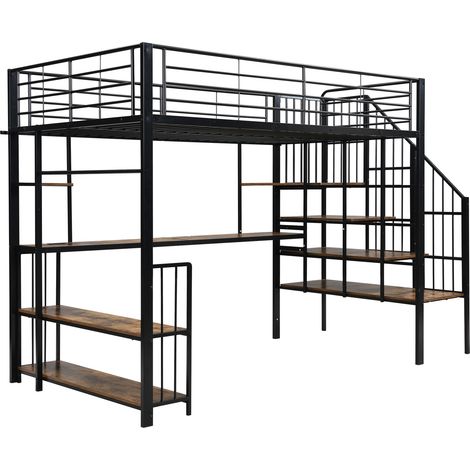 Letto a soppalco in metallo e MDF nero 120 x 200 cm con scala e presa di ricarica (1/5)