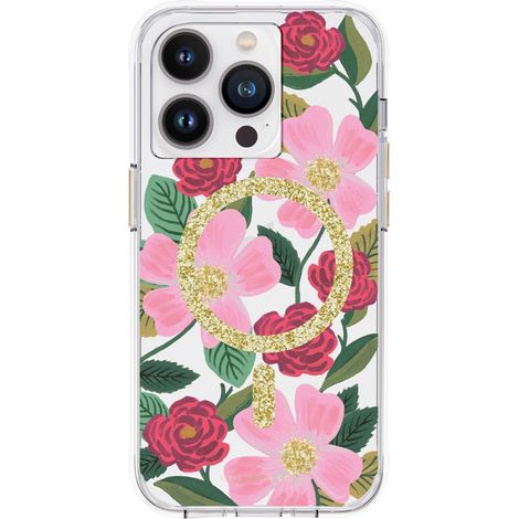 Funda para iPhone 14 Pro con diseño de rifle, papel transparente y MagSafe, con decoración dorada (Jardín de Rosas). (1/5)