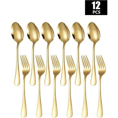 Ensemble de 12 pièces (fourchette et cuillère) en acier inoxydable doré, idéal pour les cuisines domestiques. (1/5)