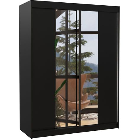 Armoire de chambre 2 portes coulissantes bois noir et miroir Zomka 150cm (1/5)