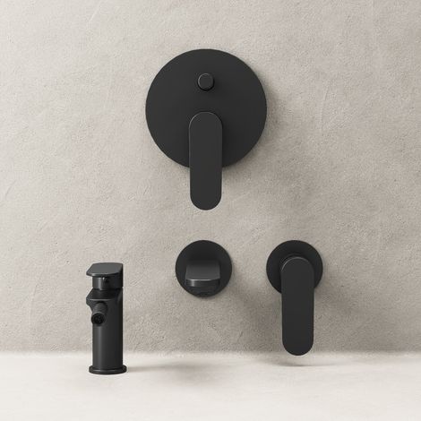 Set Miscelatori Lavabo a Parete Bidet e Doccia c/Deviatore Con Piletta Click Clack Nero - Neptune (1/4)