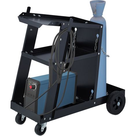 Relaxdays Carrello Officina per Saldatrice, Porta Attrezzi e Bombola a Gas, 3 Piani, HLP: 69x40x71 cm, Regge 90 kg, Nero