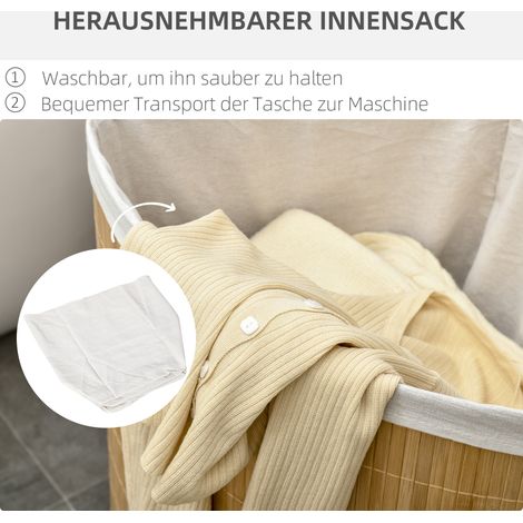 Panier à linge 55 L avec couvercle, anse, trieur avec sac amovible pour salle de bain, bambou, naturel (1/5)