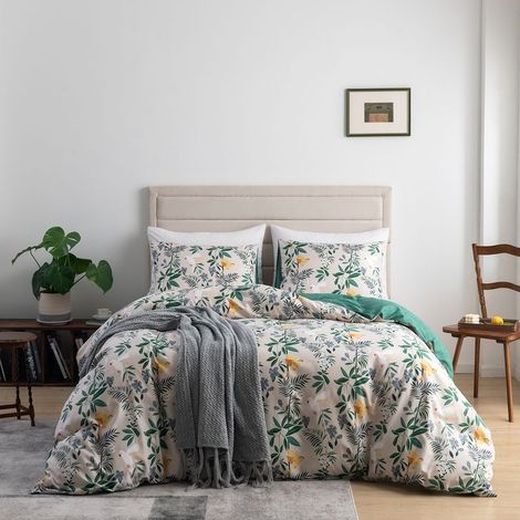 Housse de couette 200x230 motif feuilles beige vert botanique floral microfibre parure de lit fermeture éclair - Parure de lit adulte réversible avec 2 taies d'oreiller 50x75 cm (1/5)