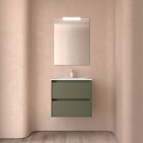 Badezimmermöbel NOJA 600 2 Schubladen GREEN SATIN + Waschtisch + Spiegel
