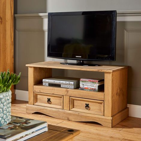 TV Stand Waxed Pine 2 Drawer Television Cabinet Corner Unit Corona Solid Wood (1/3)