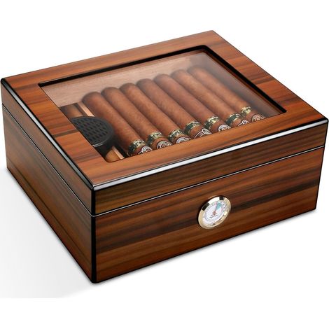 Humidor en Verre Artisanal boîte de Rangement de Bureau en Bois de cèdre avec diviseur, humidificateur et hygromètre, Brun (1/5)