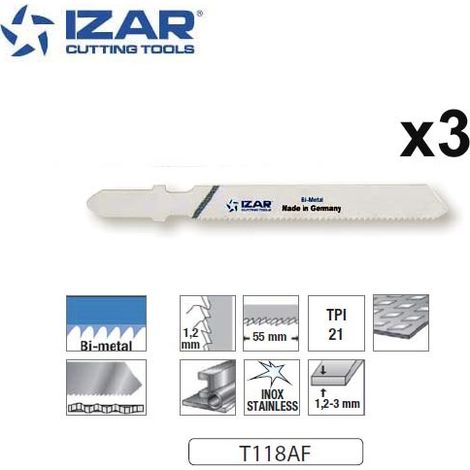 lame de scie sauteuse bimétal Izar T118AF pour tôle fines 76mm TPi21 (x3)