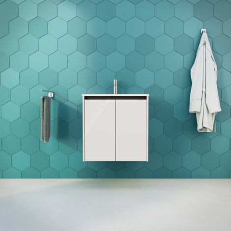 Inda - Badezimmerschrank B.60 mit glänzendem Waschbecken / Hochglanzweiß 2 Türen - Saphir