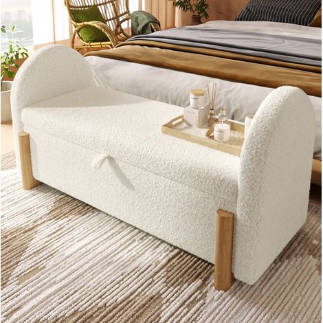 Baúl de cama 106 cm blanco con almacenaje, cierre suave, patas de madera, bouclé (1/5)