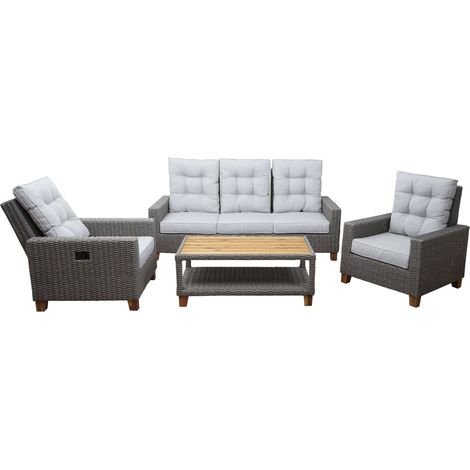 Gartengarnitur HHG-186, Sitzgruppe Lounge-Set, Akazie Holz halbrundes Rattan verstellbar MVG grau, Kissen hellgrau