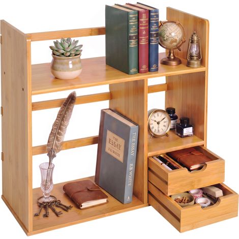 Organisateur de bureau en bambou avec 2 tiroirs, rangement multifonction pour fournitures et documents avec étagères, usage réversible (1/5)
