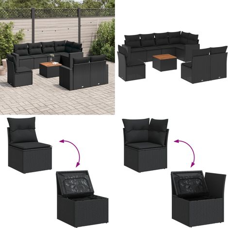 9-tlg. Garten-Sofagarnitur mit Kissen Schwarz Poly Rattan - Gartenmöbel Set - Esszimmergarnitur - Outdoor Möbel - Lounge Garnitur - Rattan Gartenmöbel - Home & Living (1/5)