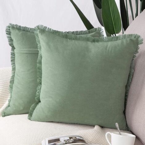 Set of 2 Washed Cotton Cushion Covers with Pompoms, Luxury Style 45x45cm, Light Green, For Sofa and Bedroom (1/3)