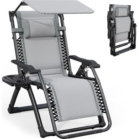 Bain de Soleil Chaise Longue de Jardin avec Pare-Soleil, Fauteuil Inclinable, Appui-Tête et Porte-Gobelet, pour Le Jardin, la Piscine et la Plage (Gris) (1/5)