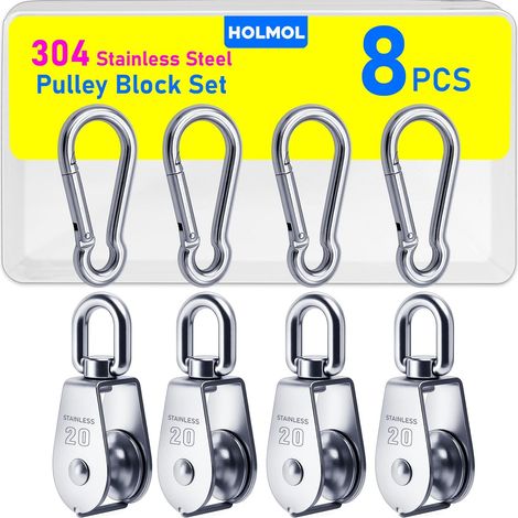 Lot de 8 Poulies Acier Inox 304 M20 Crochet Ressort M6 Charge 75kg Poulies robustes à rotation 360°, structure antirouille en inox 304, installation facile, adaptées au linge, levage (1/5)