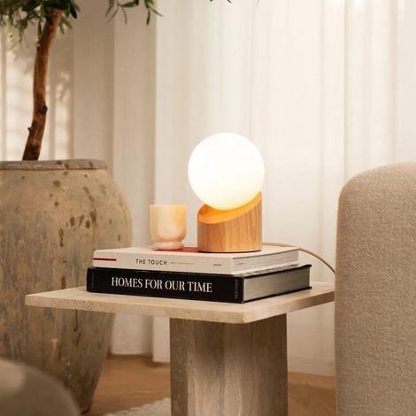 Lampe de Table en Bois Brun Clair et Verre Dépoli, Luminaire Filaire pour la Maison - PANGIVO (1/5)