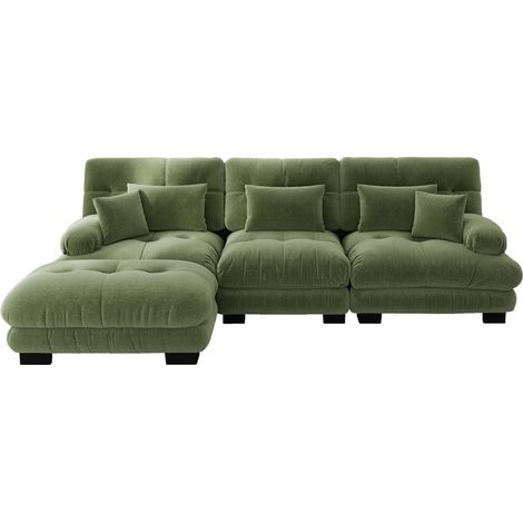Divano angolare modulare a L in ciniglia verde con pouf (1/5)