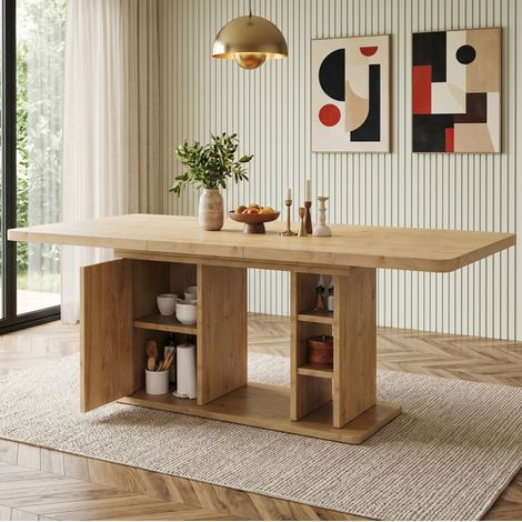 Mesa extensible 140/180 x 80 cm con almacenaje, 6 a 8 personas, color roble HAVRYA (1/5)