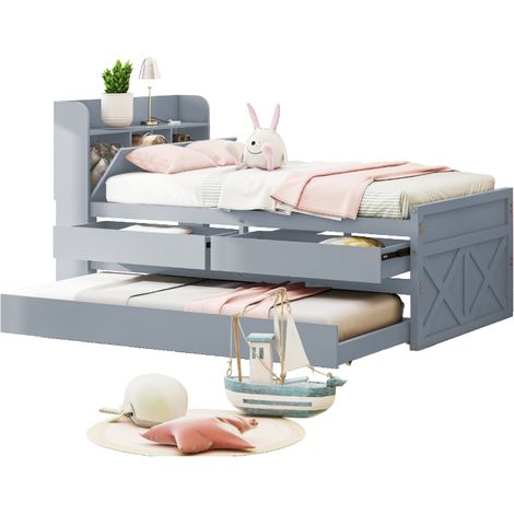 Lit gigogne 90x190 en bois massif gris avec 2 tiroirs de rangement, lit d'appoint et tête de lit multifonction avec prise USB (1/5)