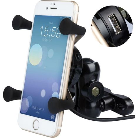 Motorcycle mobile phone holder, universal 360° rotating motorcycle mobile phone holder made of X-Grip aluminum with 5V 2.1A USB charger for all 3.5-inch GPS mobile phones