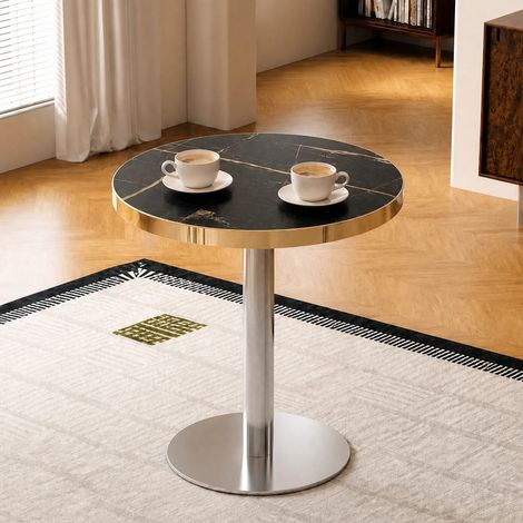 Table d'appoint ronde moderne avec cadre en acier inoxydable doré, plateau aspect marbre UV, table de salon luxueuse avec base stable (1/5)