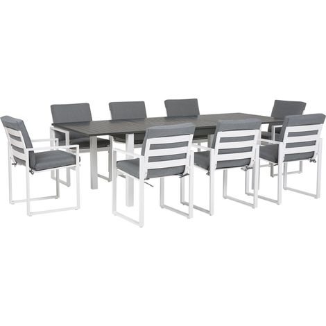 Conjunto de comedor de 7 piezas blanco de aluminio con tablero extensible y 8 sillas con cojines grises Pancole