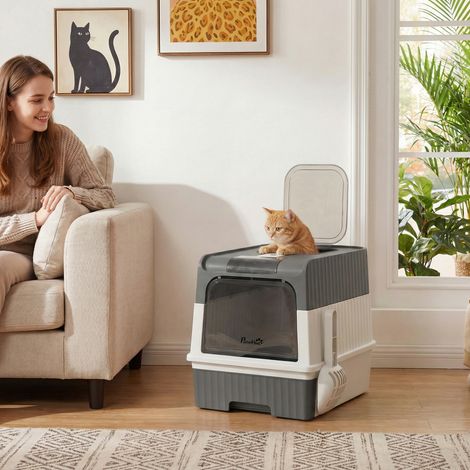 Bac à litière pour chat de 48 L avec couvercle, tiroir amovible, sorties avant et supérieure, pelle incluse pour chats jusqu'à 4 kg. (1/5)