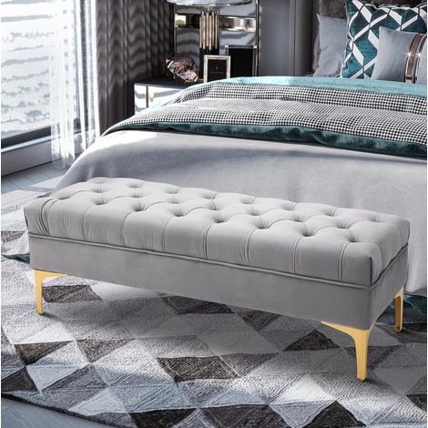 Banc en velours gris clair 118 x 45 x 42 cm, pieds métalliques dorés HAVRYA (1/5)
