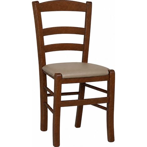 Silla «Paesana» de madera de nogal oscuro con asiento tapizado en color gris topo (1/5)