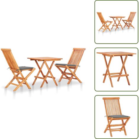 Cuscini da giardino - vidaXL Set da Bistrot 3 pz con Cuscini Grigi in Legno Massello di Teak - Legno teak