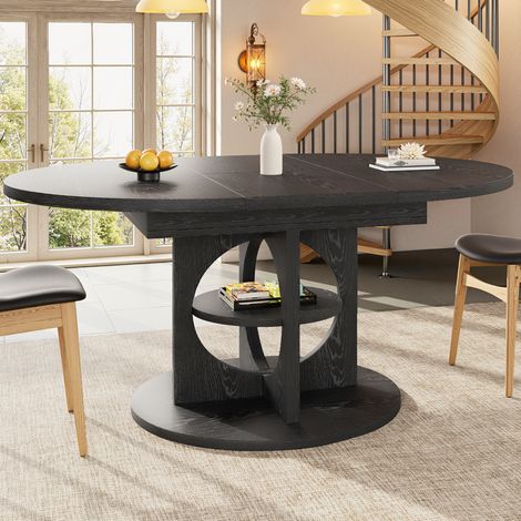 Mesa de comedor extensible con almacenaje, 110-150 cm, redonda a ovalada, negro OKMYHOME (1/5)