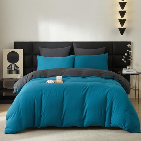 Coton Sets de Housse de Couette 220x240cm Bleu Canard Parure de Lit Plissé Coton Adulte 2 Personnes Moderne Doux Respirant Linge de Lit avec 2 Taies d'oreiller 65x65cm Fermeture Éclair (1/5)