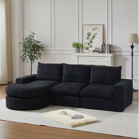 Divano modulare 3 posti con chaise longue reversibile in ciniglia nera 250x160x80 cm OKWISH (1/5)