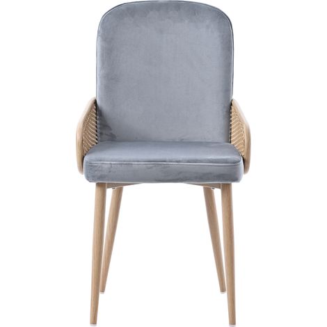Set 4 sedie da pranzo in velluto grigio con design rattan e gambe in metallo effetto legno (1/5)