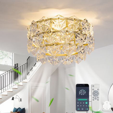 Ventilateur de Plafond Cristal Doré 50cm, Lustre Plafonnier Silencieux avec Télécommande et App Bluetooth, 6 Vitesses Moteur DC Réversible (1/5)