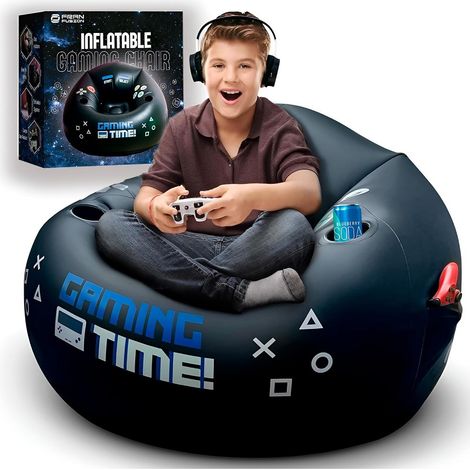 Aufblasbarer Gaming-Stuhl mit Getränkehalter und Seitentaschen, Schwarzer Luft-Sofa für Gamer (Pumpe nicht enthalten)-lsw