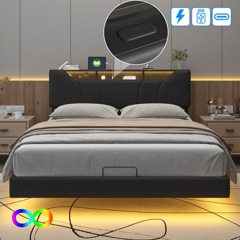 Lit coffre 140x200 cm, Lit adulte capitonné avec éclairage LED et chargement, cadre de lit flottant avec tête de lit rangement réglable, sommier à lattes, PU, Noir (1/5)