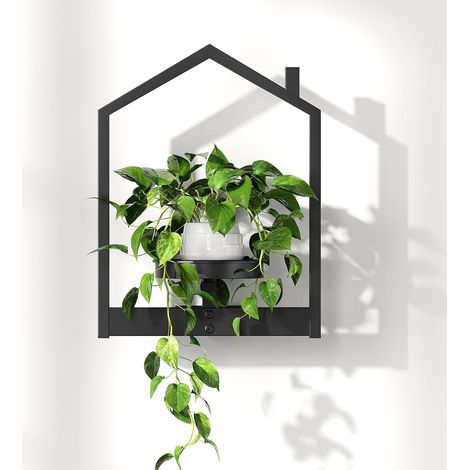 Support Plantes Intérieur, Étagère Plante Murale avec Soucoupe Amovible, Support Métallique en Forme de Petite Maison, pour Décoration Intérieure/Extérieur Abrité, Noir EBK08HJ01 (1/5)