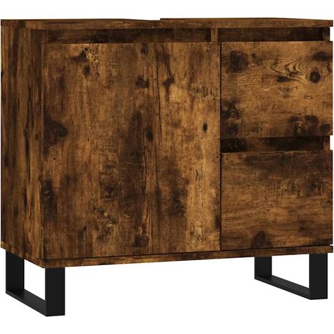 Armoire de bain bois d'ingénierie avec pieds en fer et grande capacité rangement 65 x 33 x 60 cm en chêne fumé (1/5)