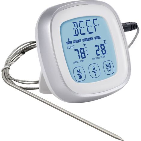Minuterie à écran tactile Thermomètre de four Cuisson Thermomètre de gril numérique Thermomètre de cuisine électronique avec 1 sonde et une minuterie Argent Blanc (1/2)